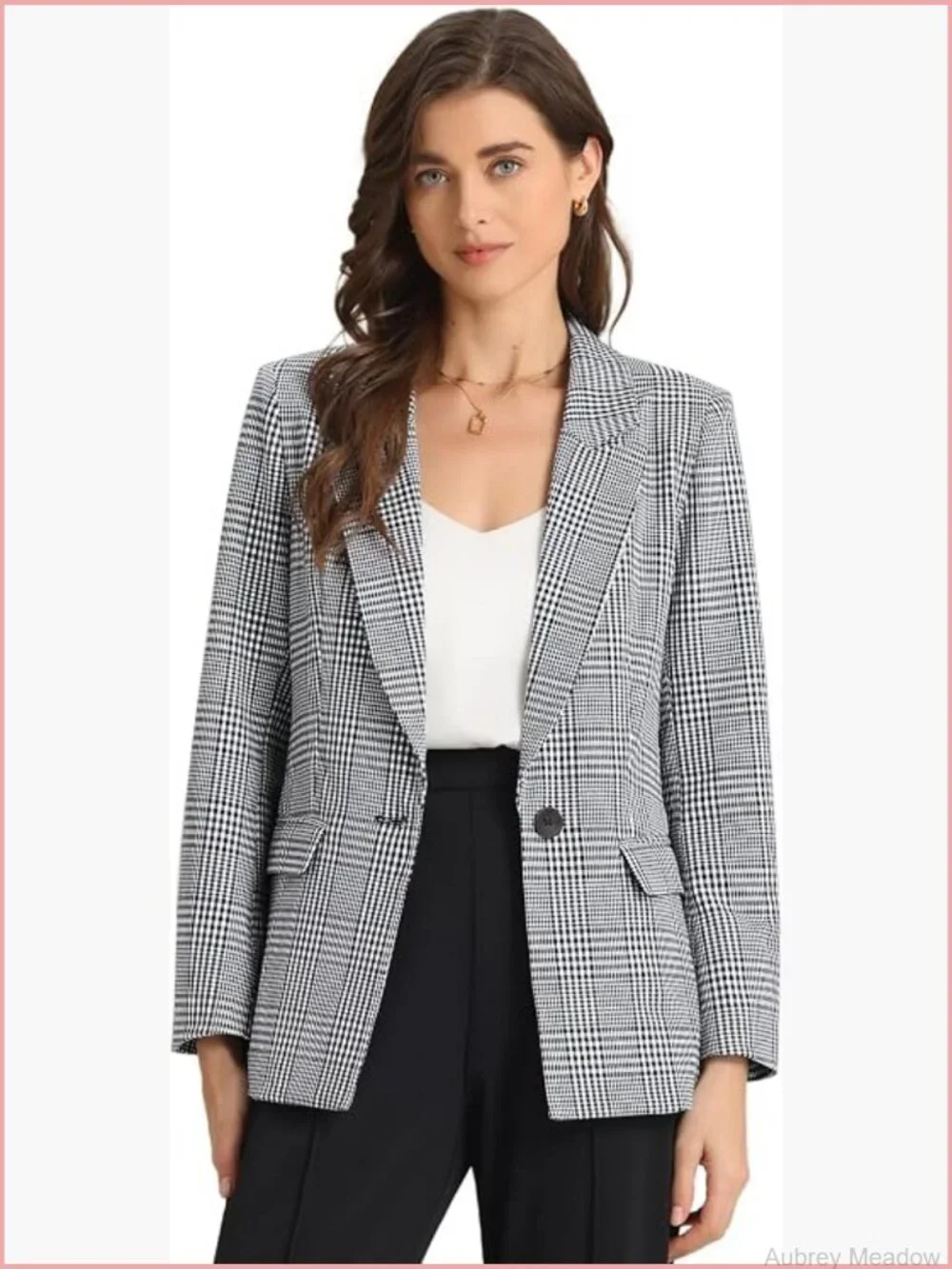 Plaid Houndstooth Blazer Long Sleeve One Button Work Blazer